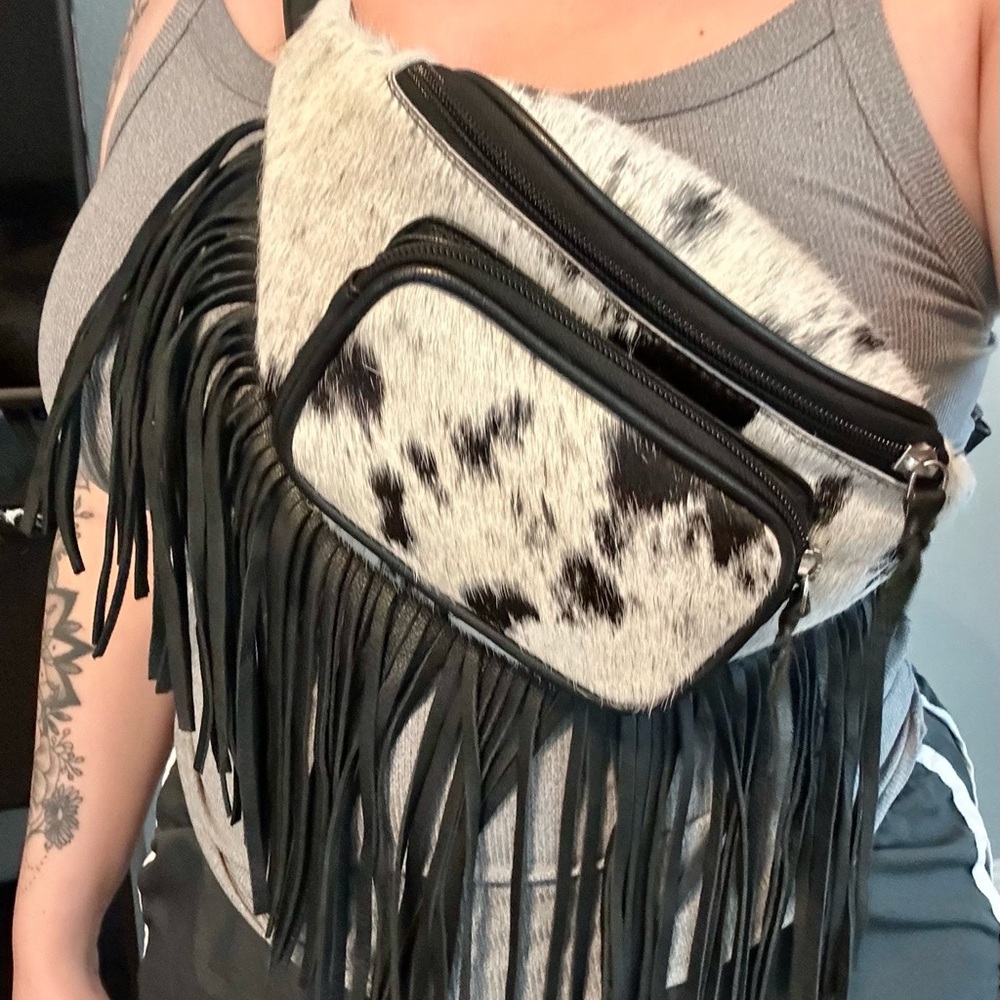 Western cowhide and fringe bum bag/crossbody